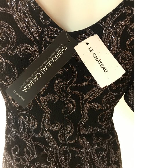 NEW Le Chateau black silver shiny sparkly glitter swirl v-neck top blouse NWT - Picture 2 of 4